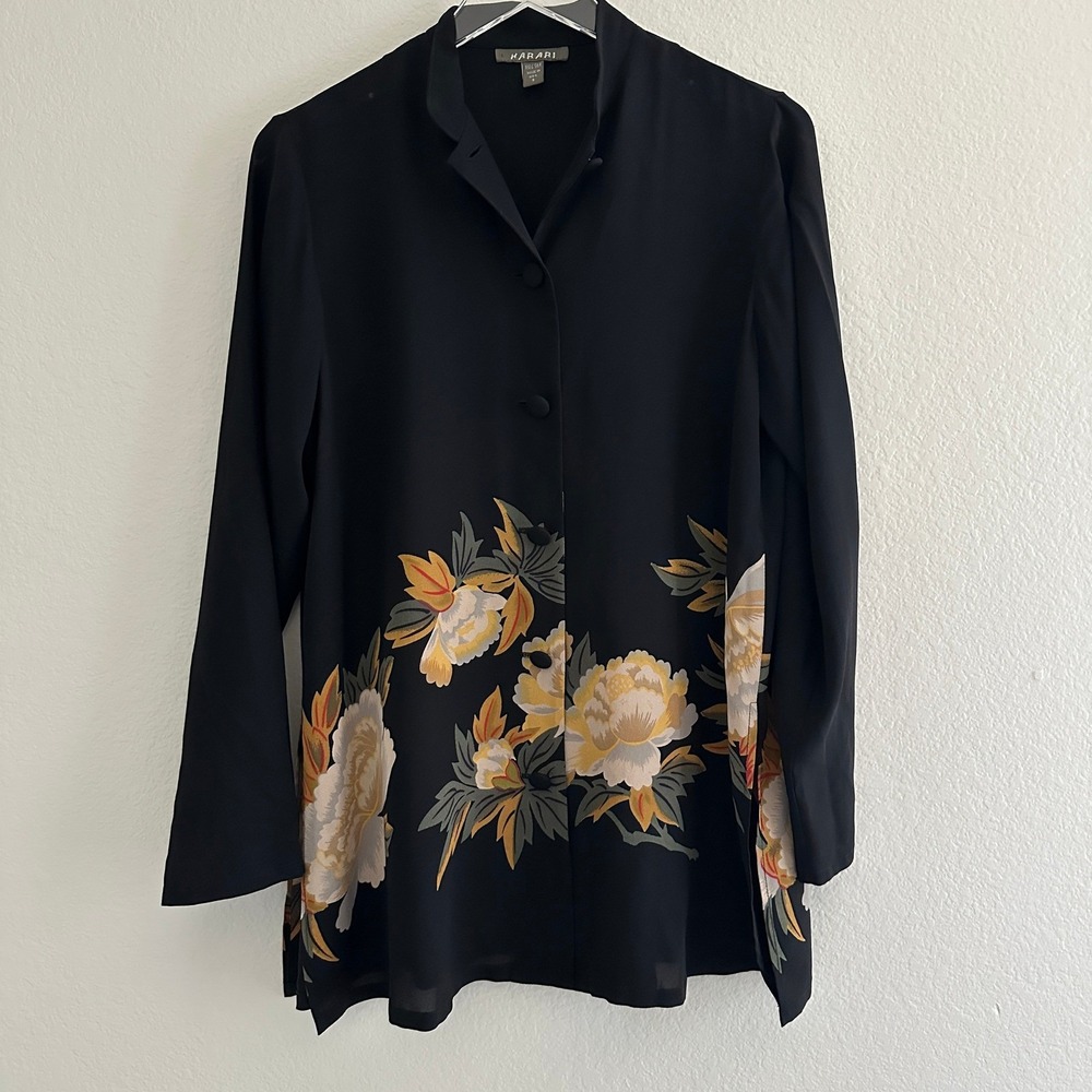 Harari Silk Button Up Blouse Womens S Black Yellow Floral Peony Tunic Top USA